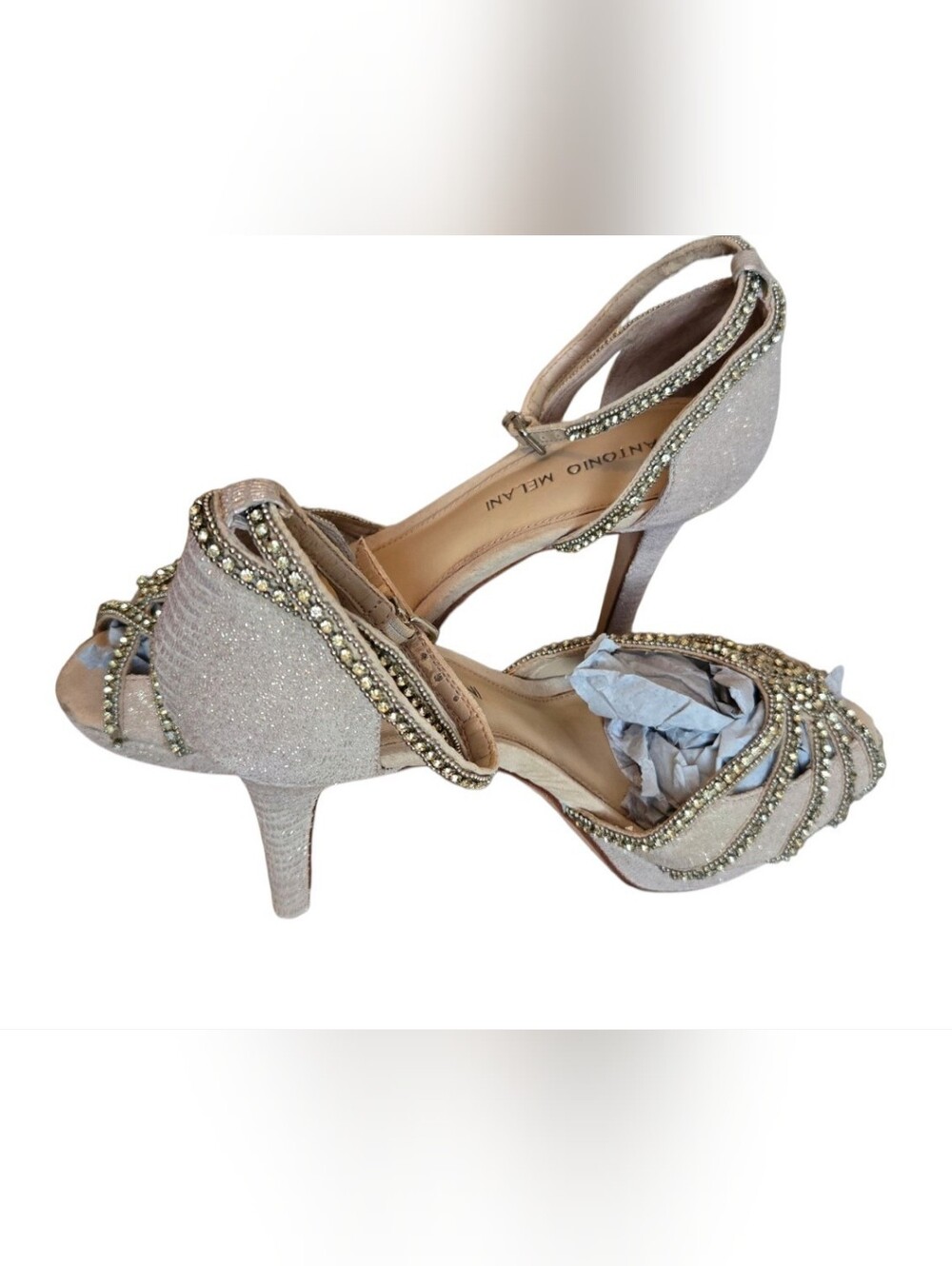 ANTONIO MELANI Champagne Glitter Beaded Ankle-Strap Heels